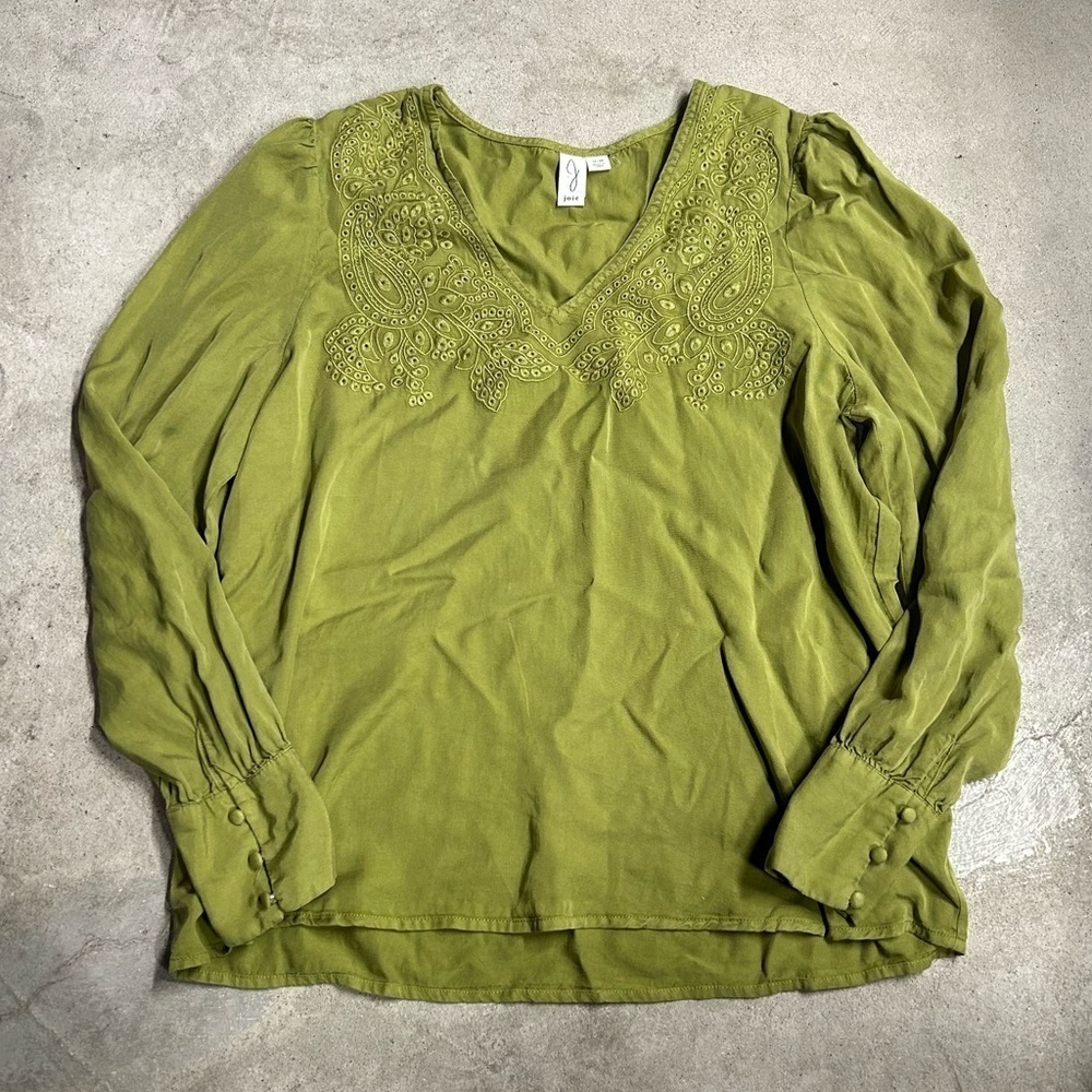 Joie Embroidered Florall V Neck Long Sleeve Blouse Green Size Medium